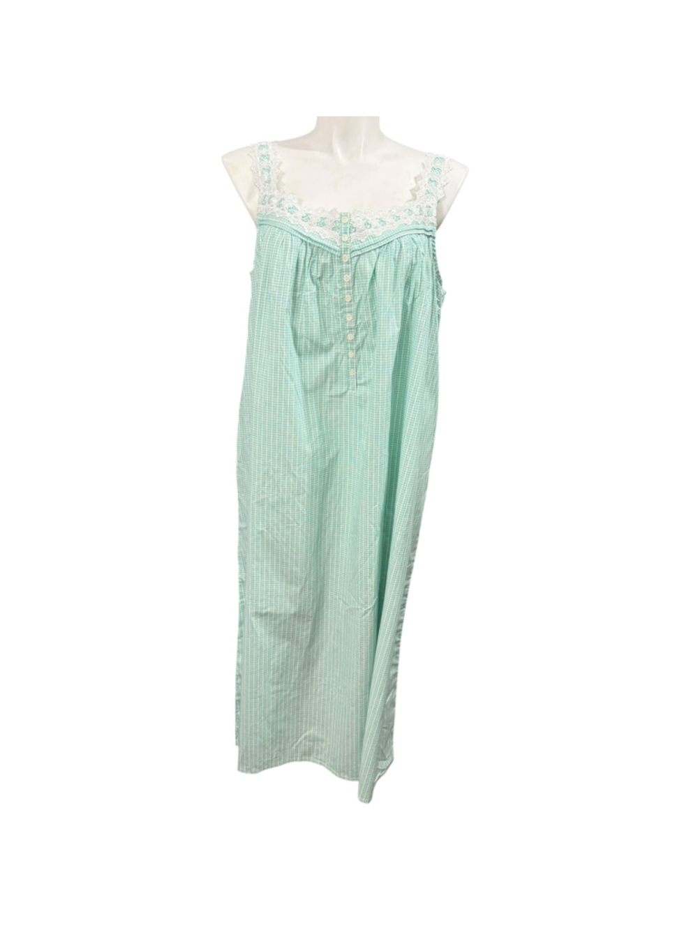 Aria Vintage Nightgown XL Mint Green Gingham Lace Trim Button Front Cotton